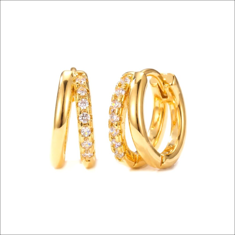 14K Gold Plated Huggie Hoop Earrings, 12mm Pave CZ Diamond Duo